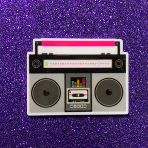 5pc. Boom Box, Radio, Pink Mixed Tape, I Love the 90's, Resin Planar Flatbacks, Cabochon, Bow Center, Flat Back, 80's