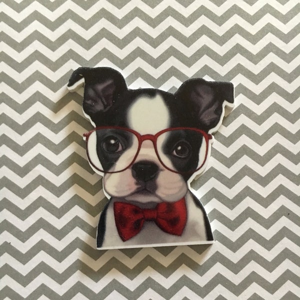 5pc Nerdy Pup with Glasses, Planar Resin Flatback, Dogs, Boston Terrier, Bow Center, Flat Back, Cabochon, Pets, Gentleman