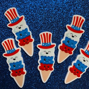 5 pièces Service de crème glacée, rouge, blanc et bleu, planaire, sucette glacée en résine, dos plat, cabochon, nœud au centre, fête de la crème glacée ! 4 juillet, Amérique
