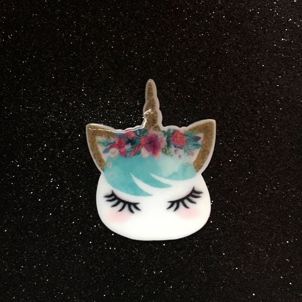 5pc. Blue Hair Unicorn Face resin Planar Flatback