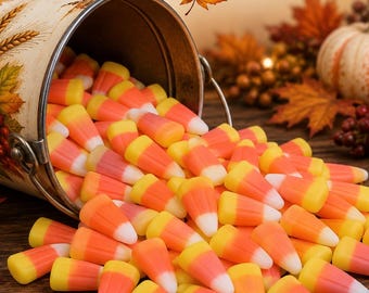 May include: A metal bucket decorated with a pumpkin and wheat illustration, tipped over to spill a large pile of yellow, orange, and white candy corn. The text Waterlily Designs is printed above the bucket, surrounded by autumn leaves.