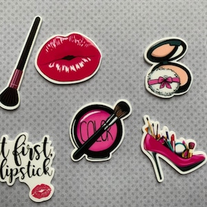 6pc. Makeup Set Resin Planar Flatback, Makeup Cabochon, Bow Center, Lipstick, eyeshadow, lip gloss, compact