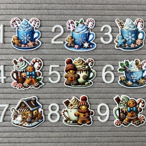 May include: A collection of nine Christmas-themed stickers. Each sticker features a festive design, including mugs of hot chocolate with whipped cream, gingerbread men, candy canes, and a gingerbread house. The stickers are numbered 1 through 9.
