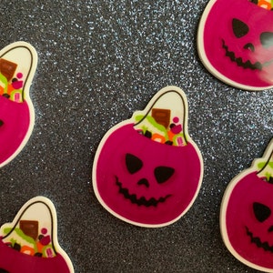 5pc  Candy Bucket, Witches, Resin Planar Flatback, Cabochon, Bow Center, Flat Back, Happy Halloween, Pumpkin, Trick or Treat, Bats, Autumn