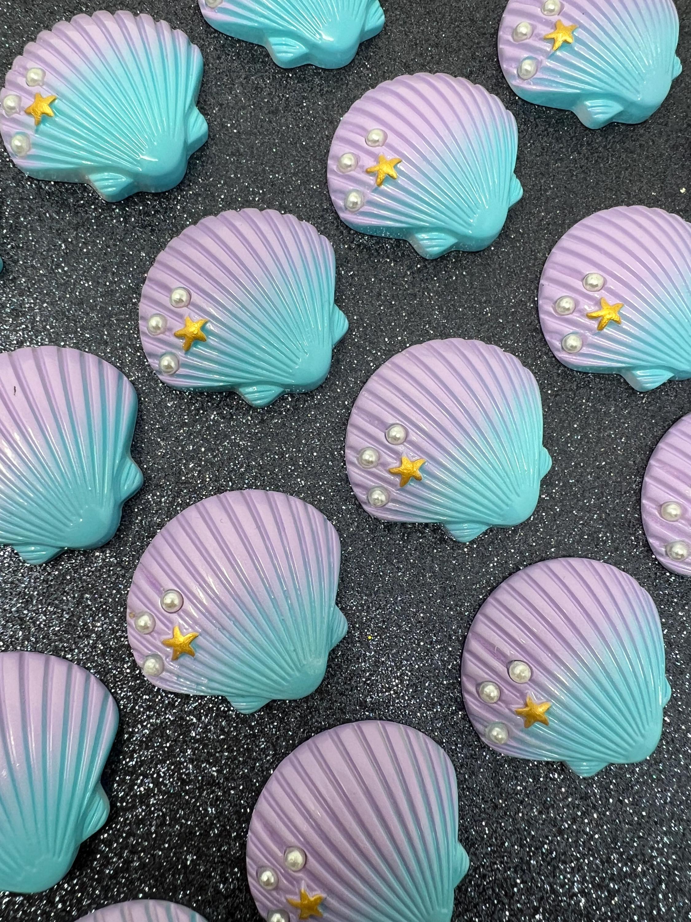 5pc. Huge Purple and Teal Seashell With Pearls, Resin Cabochon