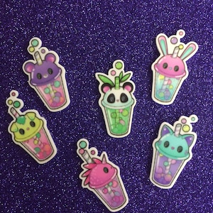 6pc. Kawaii Animal Boba Tea, Resin Planar Flatback, Cabochon, Bow Center, Flat Back