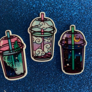 6pc. Sky, City, Forest Boba Tea, Resin Planar Flatback, Cabochon, Bow Center, Flat Back