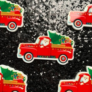 5pc Santa and a Red Truckload Green Pine Trees, Merry Christmas, Resin Planar Flatback, Cabochon, Bow Center, Flat Back