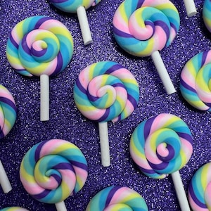 9pc. Pastel Rainbow Candy Lollipop, Polymer Clay Cabochon, Charm, Faux Candy, Fake Food, Flatbacks, Bow Center