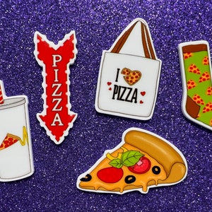 5pc Pizza Party, Cheese, Sleepover, Junk Food, Pizza on My Mind, Planar Flatback, Cabochon, Bow Center, Slime Charm, Pepperoni Slice, Travel