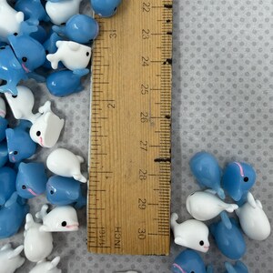 Puede incluir: Una colecci&oacute;n de peque&ntilde;os dijes con forma de ballena, azules y blancos. Los dijes est&aacute;n dispersos alrededor de una regla de madera marcada en pulgadas, con medidas de hasta 76 cm. Algunas ballenas tienen acentos rosas.