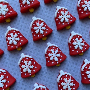 10pc. Red Bells with a White Snowflake, Christmas Tree, Flatback, Cabochon, Charm, Flat Back, Bow Center