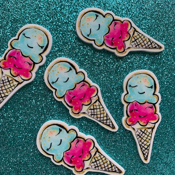 5pc. Bright Pink and Teal Ice Cream, So Kawaii!  Planar, Resin Popsicle, Flatback, Cabochon, Bow Center, Ice Cream Party!