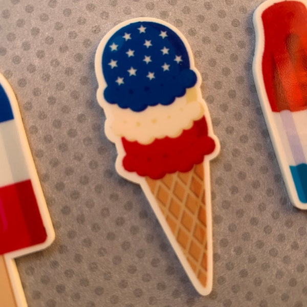 6pc. Ice Cream Set, Red, White, and Blue, Planar, Resin Popsicle, Flatback, Cabochon, Bow Center, Ice Cream Party! America, 4th of July