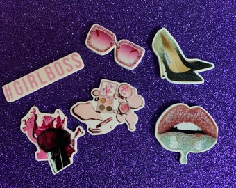 6pc. Pretty in Pink Makeup Set Resin Planar Flatback, Girl Boss, Money, Makeup Cabochon, Bow Center, Lipstick, eyeshadow, lip gloss, compact