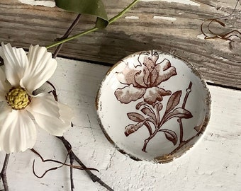 Antique Brown Transferware Butter Pat Plate Aesthetic English Floral Botanical French Country Cottage Farmhouse Kitchen Dining