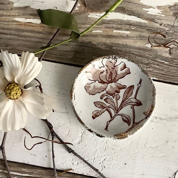 Antique Brown Transferware Butter Pat Plate Aesthetic English Floral Botanical French Country Cottage Farmhouse Kitchen Dining