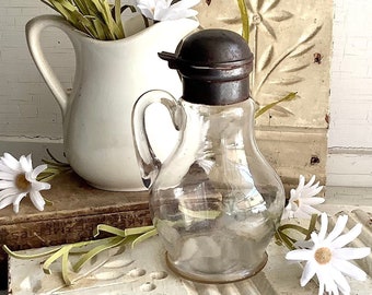 Antique 1800s EAPG Glass Lidded Syrup Pitcher Dispenser French Country American Farmhouse Kitchen Farm Cottage Dining Table Ware