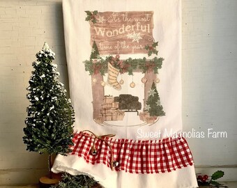 Flour Sack Kitchen Towel "The Most Wonderful Time of Year" Christmas Farmhouse Country Cottage Chic Vintage Style Gingham Ruffled Fireplace