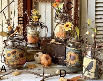Vintage Style Jar Vase Fall Autumn Home Decor Display Sunflowers Pumpkins Owls Crows Country American Farmhouse Kitchen Mantle  Home Decor