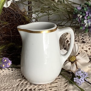 Vintage Ironstone Creamer Pitcher White 3&quot; Shenango Restaurantware Gold Trim French Farmhouse Country Shabby Cottage Chic Style Kitchen Home