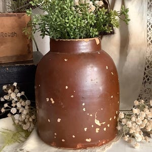 Antique Stoneware Brown Crock Distressed County Cottage Farmhouse Kitchen Primitive Decor Fall Autumn Home Decor Flower Vase
