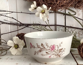 Antique English Ironstone Transferware Footed Bowl Soup Floral Botanical England French Country Farmhouse Cottage Kitchen Dining Home Decor