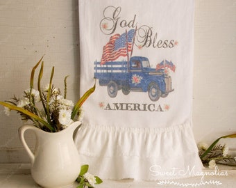 Flour Sack Kitchen Tea Towel Garden Farmhouse Country Cottage Shabby Chic Style Decor Ruffled "God Bless America" 4th of July Vintage Truck