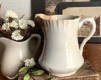 Vintage White Aged Stained Ironstone Pitcher Farm Table French Farmhouse Country Living Kitchen Farm Cottage Home Decor Mellor & Co