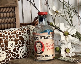 Vintage 1956 Mrs Stewarts Liquid Bluing Glass Bottle Jar Laundry Room Housekeeping Decor Advertising Antique American Farmhouse Country Home