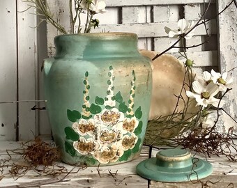 Vintage Green Ransburg Pottery Cookie Jar Canister HolliHocks Shabby Chic Cottage Floral Home Kitchen Gardening Flower Pot Plant Holder Vase