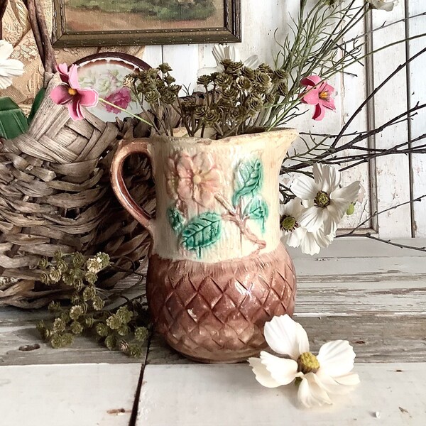 Antique 6" Majolica Pitcher Jug Basket Weave Antique Kitchen Pottery Farmhouse French Country English Country Cottage Home Decor