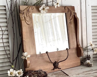 Antique Beveled Mirror Natural Wood Frame 19x20" Coat Hook Wall Hanging Shabby French Country Farmhouse Cottage Decor Bedroom Bathroom Entry