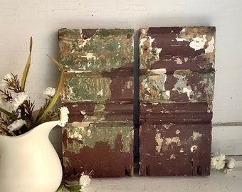 Architectural Salvage Antique Plinth Block Brown Green White Chippy Paint Interior Molding Reclaimed Trim French Country Farmhouse Wall Art