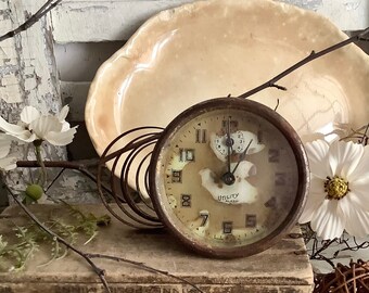 Vintage Clock Face Gears & Spring Utility Alarm Rustic French Country Cottage Farmhouse Chic Industrial Home Decor Display