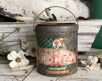 Vintage Clover Bloom Honey Can Tin Pail Oklahoma City Apiary Beehive Honey Bee Spring Garden Country Farmhouse Kitchen Cottage Decor Display
