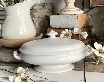 Antique 11" White Ironstone Tureen James Edward & Sons French Country Rustic American Farmhouse Kitchen Shabby Cottage Home Decor Display