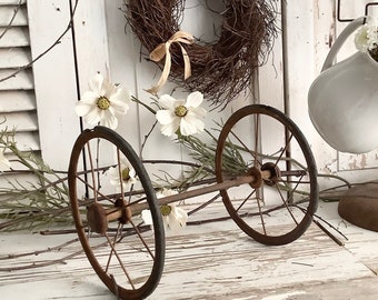 Vintage Metal Carriage Buggy Stroller Spoke Wheels on Axle Rustic Salvage French Country Shabby Farmhouse Style Home Decor Display