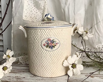 Vintage Biscuit Cookie Jar Canister Japan Shabby Chic Cottage Floral Roses Farmhouse Kitchen Gardening Flower Pot Plant Holder Vase