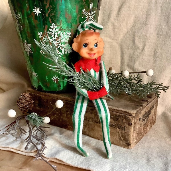 Vintage Christmas Elf Knee Hugger Green White Striped Shelf Sitter Elf on Shelf Pixie Japan Xmas Decor Decoration Ornament