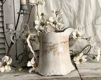 Antique Floral Pitcher Stained & Crazed French Country Farmhouse Shabby Chic Cottage Core Milk Water Pitcher Floral Vase Display Centerpiece