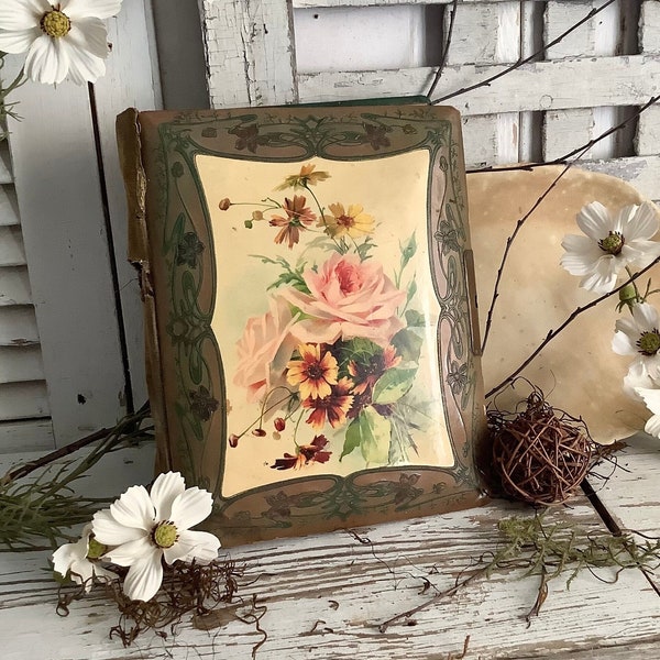 Antique Photo Album Celluloid Shabby Cottage Roses Ephemera Junk Journal Scrapbook Farmhouse Country Garden Cottage Home Display Decor