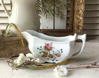 Antique Moss Rose Ironstone Gravy Boat Alfred Meakin French Country Farmhouse English Cottage Style Kitchen Dining Room China