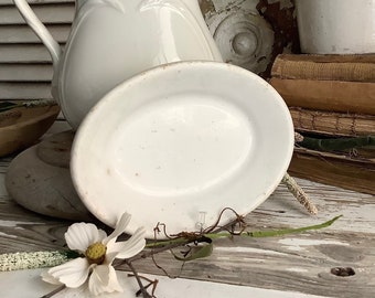 Antique White Ironstone Plate Platter Small Oval 7" Dinner Side Serving Soap Dish French Farmhouse Kitchen Country Shabby Cottage Decor