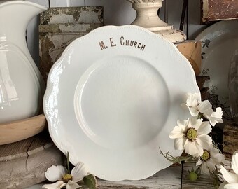 Antique White Dinner Plate ME Church 9" Monogrammed Homer Laughlin Ironstone French Country Farmhouse Kitchen Shabby Country Cottage China