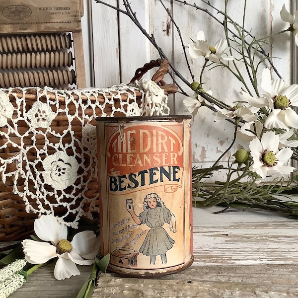 Antique The Dirt Cleanser Bestene Soap Can Country Farmhouse Vintage Kitchen Bathroom Laundry Room Decor Advertising General Store Display