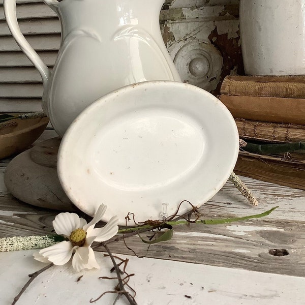 Antique White Ironstone Plate Platter Small Oval 7" Dinner Side Serving Soap Dish French Farmhouse Kitchen Country Shabby Cottage Decor