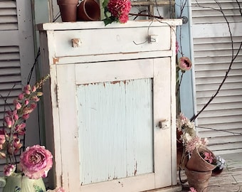 Antique Cupboard Cabinet Chippy White & Blue Sit/Hang 16x23x6" Farmhouse Cottage Decor