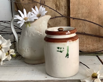 Antique Stoneware Mustard Pot Crocks Jars  Farm Table Primitives French Country Rustic Modern Farmhouse Kitchen Decor Vase Pot