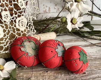 3 Vintage Red Tomato Pincushions Japan Sewing Notions Seamstress Craft Room Supply Country Cottage Farmhouse Home Decor Display